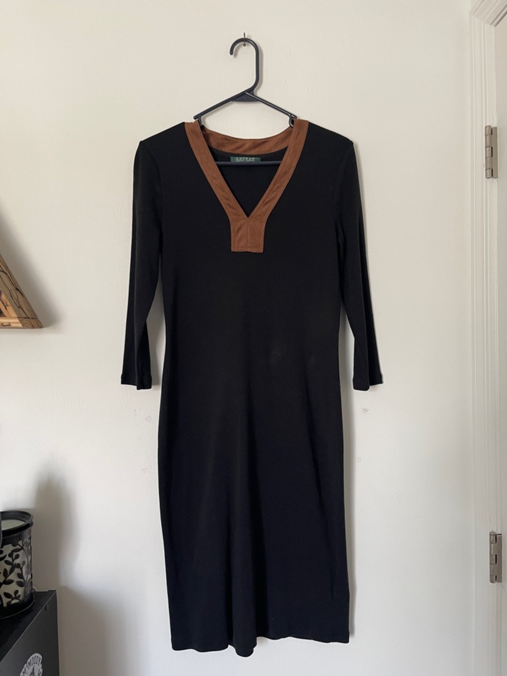 Ralph Lauren Black Long Sleeve Dress with Brown V-Neck Trim Small